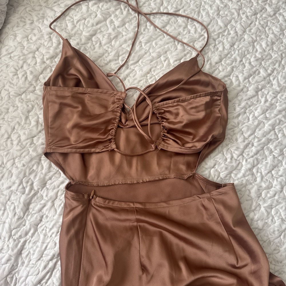 Lily Satin Cowl Maxi Dress in Warm Brown - Picture 3 of 5